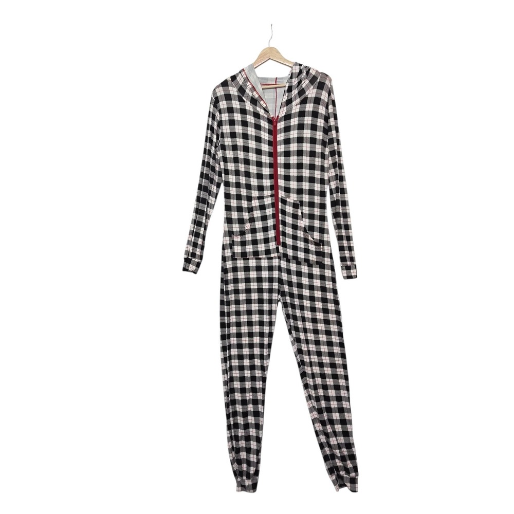 Kickee Womens‎ Black White Plaid Bamboo Hooded Pajama One Piece Jumpsuit Medium